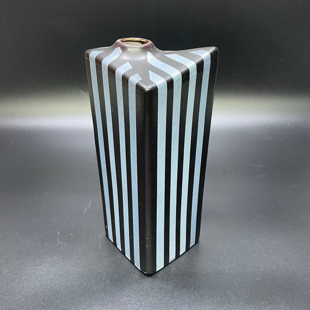 Vintage Toyo/Japan MCM Asymmetrical Vase Black/Grey Stripes Kutani/Satsuma HTF